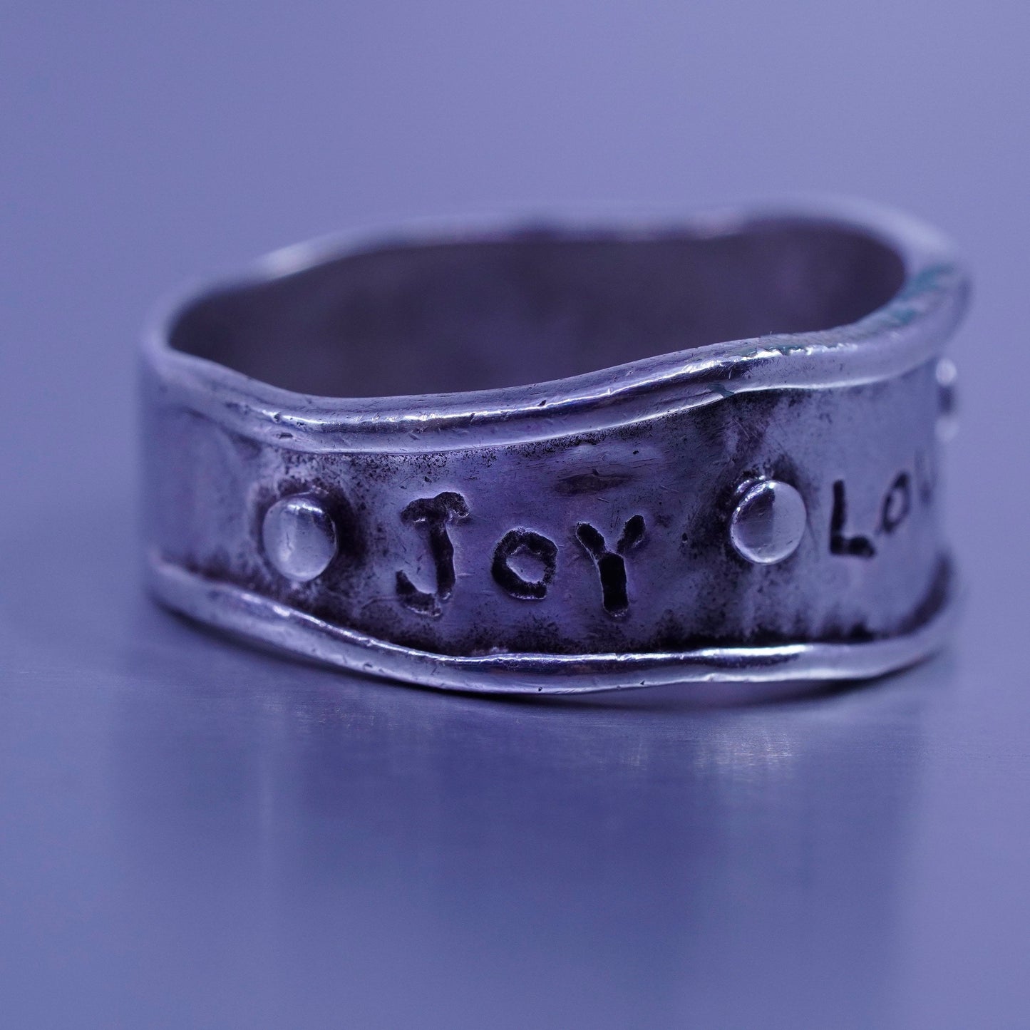 Size 7, southwestern Sterling 925 silver ring, textured band “joy love hope
