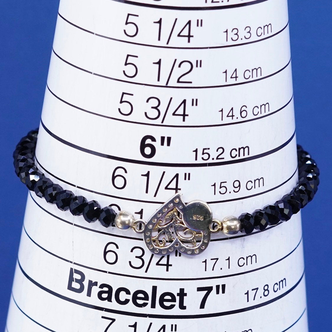 6.5" gold over Sterling silver bracelet, 925 heart w/ obsidian beads N evil eye