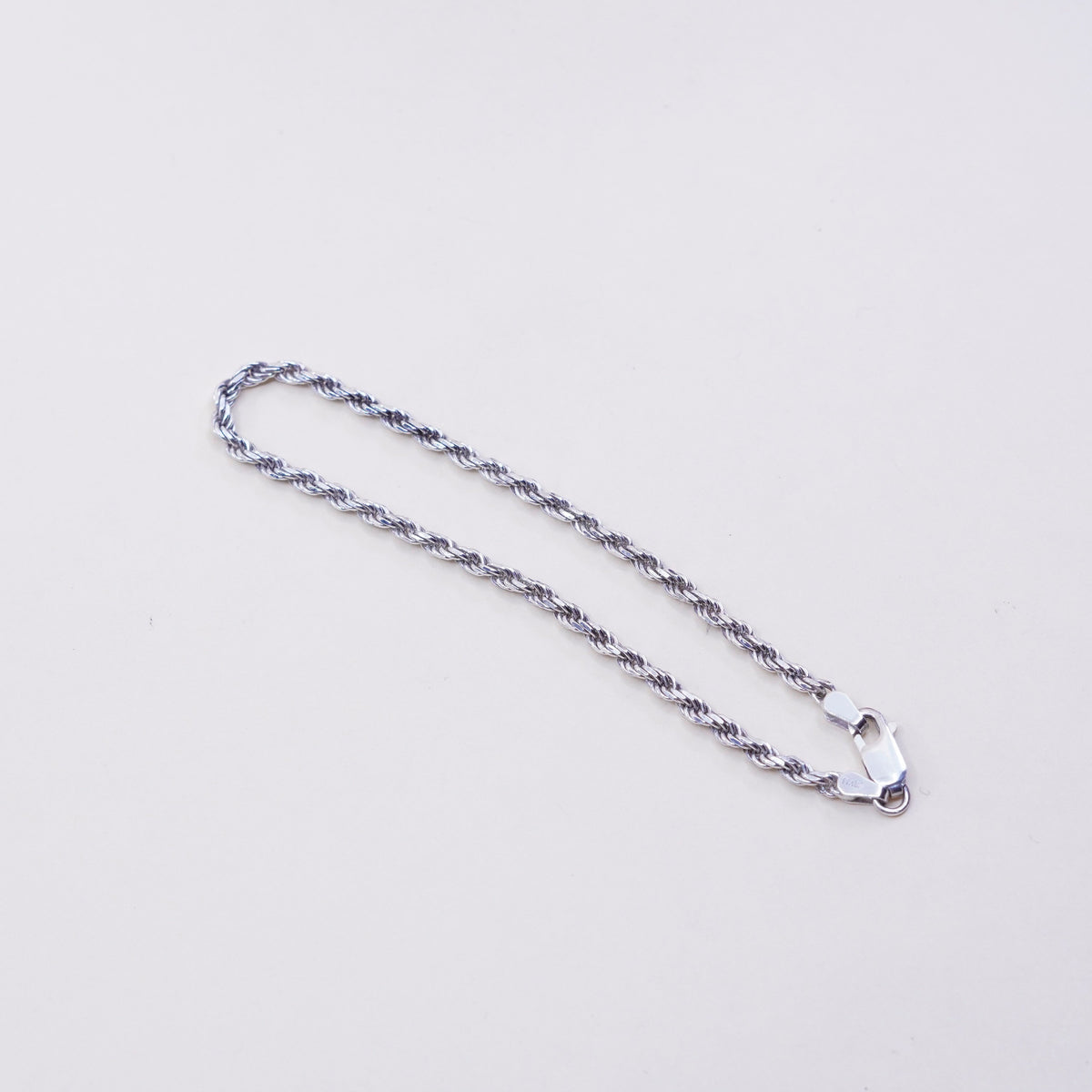 7.75”, 2mm, Vintage sterling 925 silver Italy rope chain bracelet