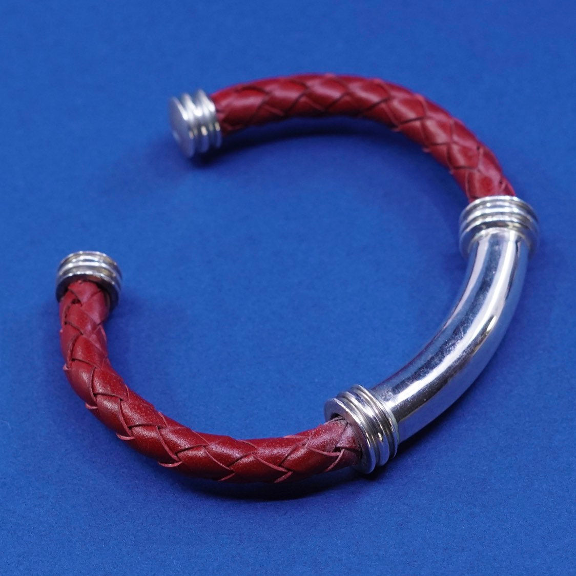 6.25", vtg ESPO Sterling silver handmade bracelet, 925 cuff braided red leather