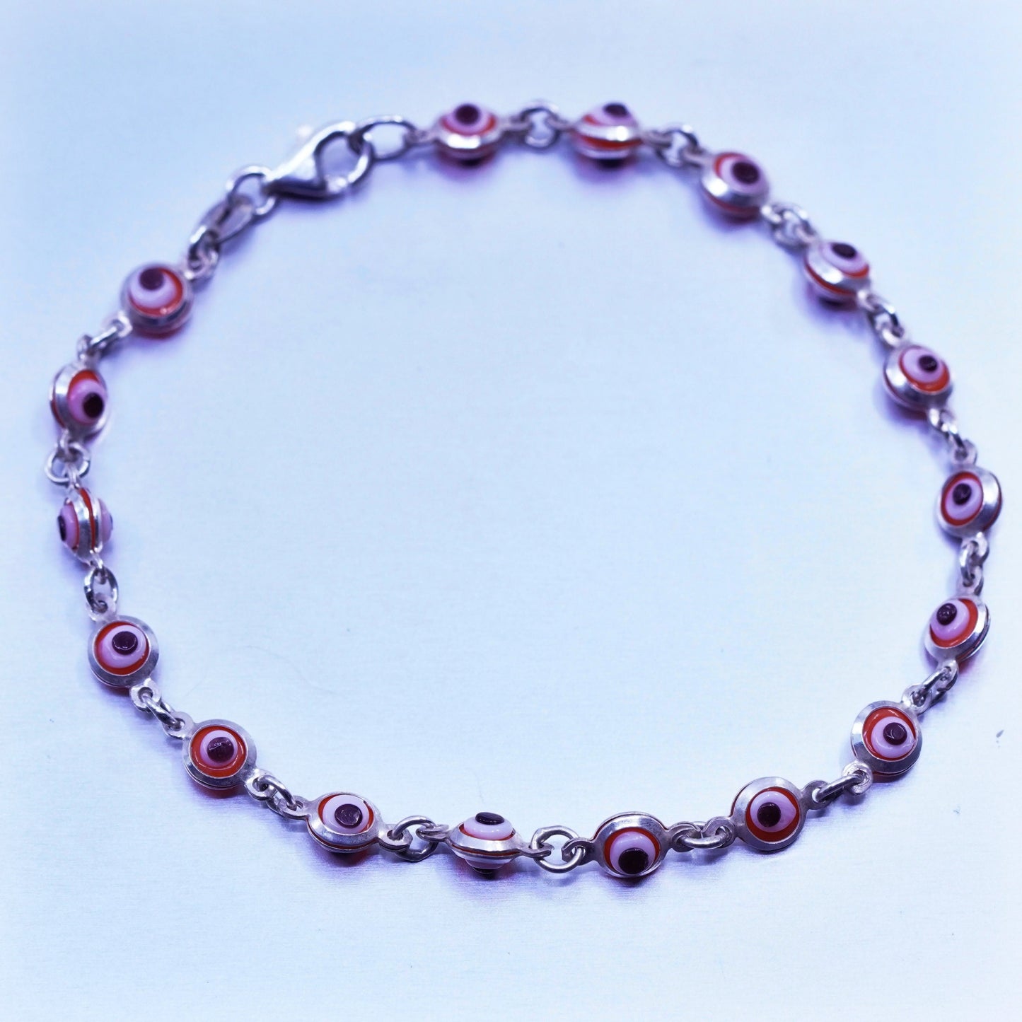 7”, Sterling 925 silver handmade bracelet chain with red evil eye glass beads