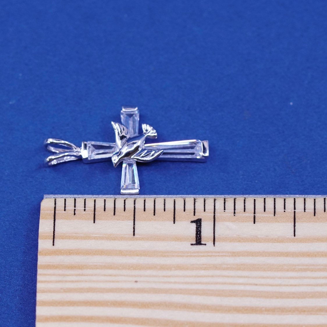 vtg Han Sterling silver handmade pendant, 925 cross w/ bird and crystal