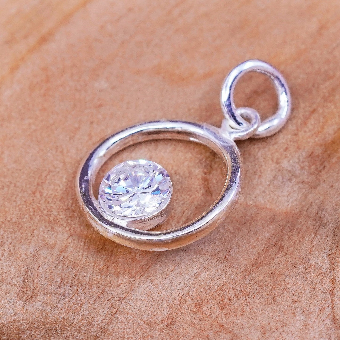 Vintage Sterling silver handmade pendant, 925 circle charm with cz