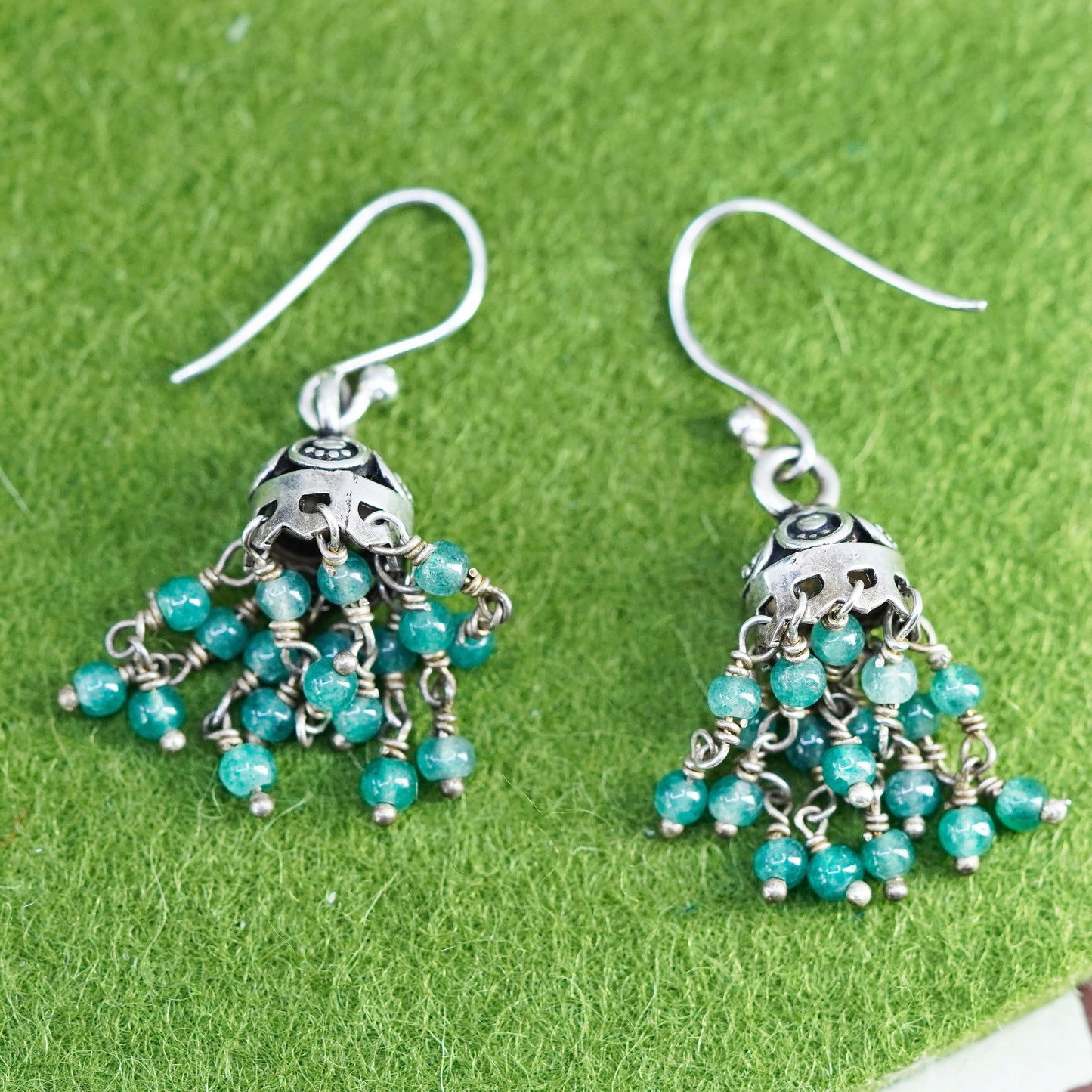 Vintage Sterling 925 silver handmade earrings with cluster jade beads