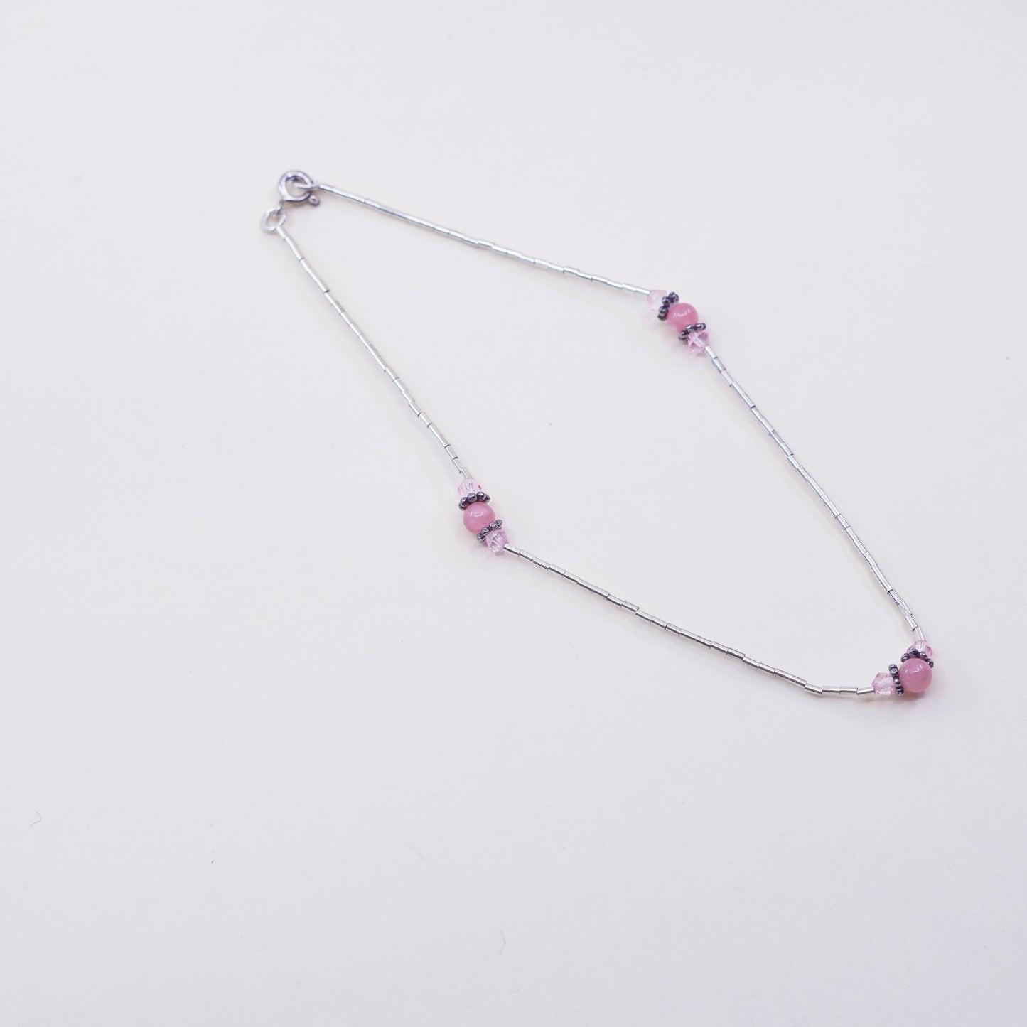 9.75”, sterling silver handmade bracelet anklet, 925 liquid chain crystal beads