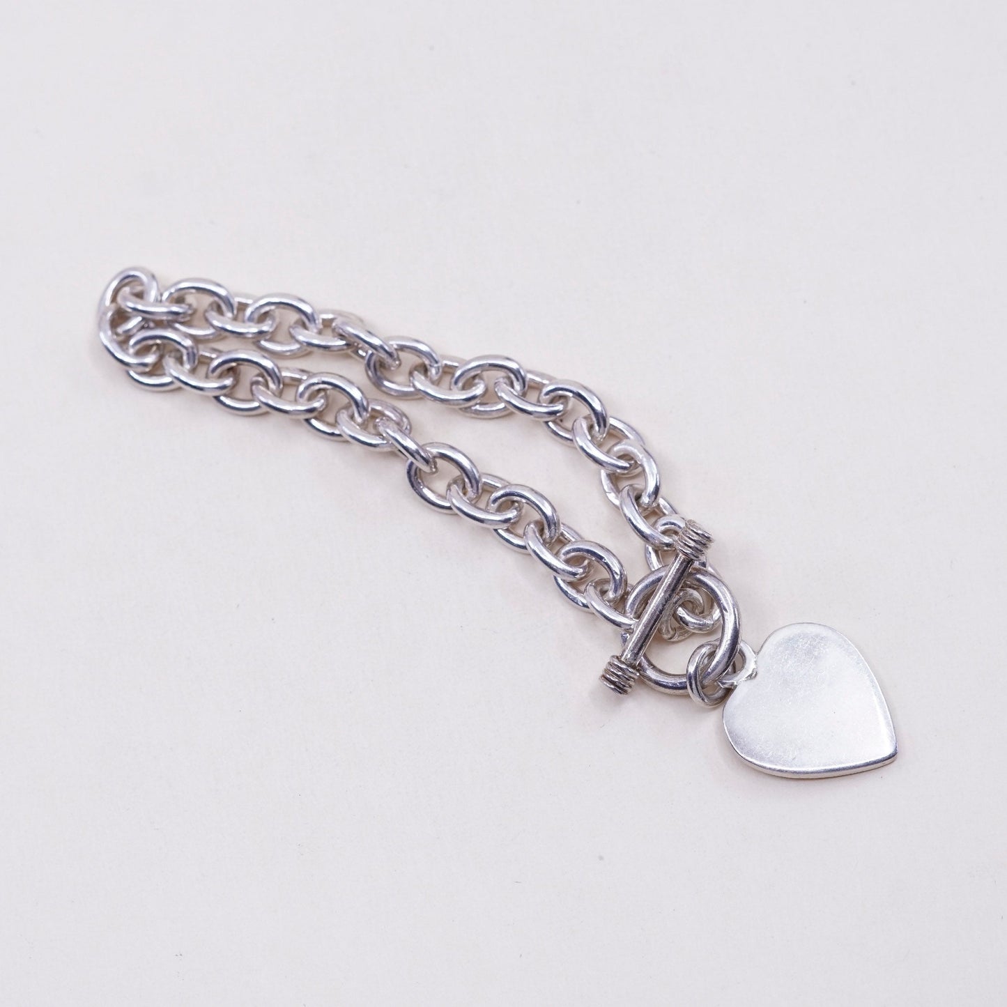 6.75”, sterling silver circle bracelet, 925 chain w/ heart charm monogram KKT