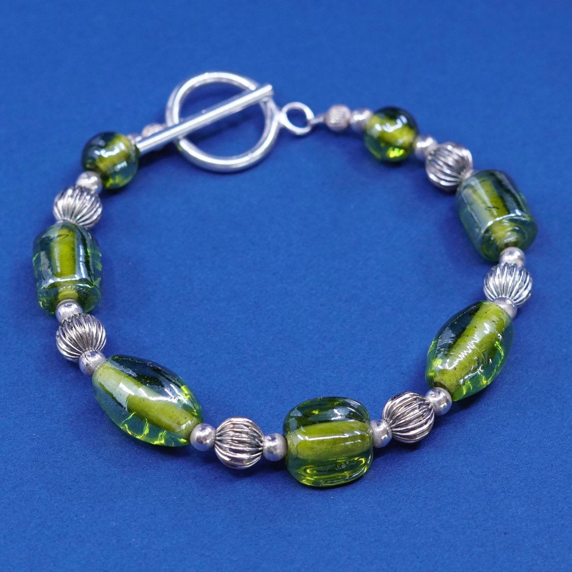 7", handmade sterling silver bracelet, 925 toggle closure w/ foiled glass beads