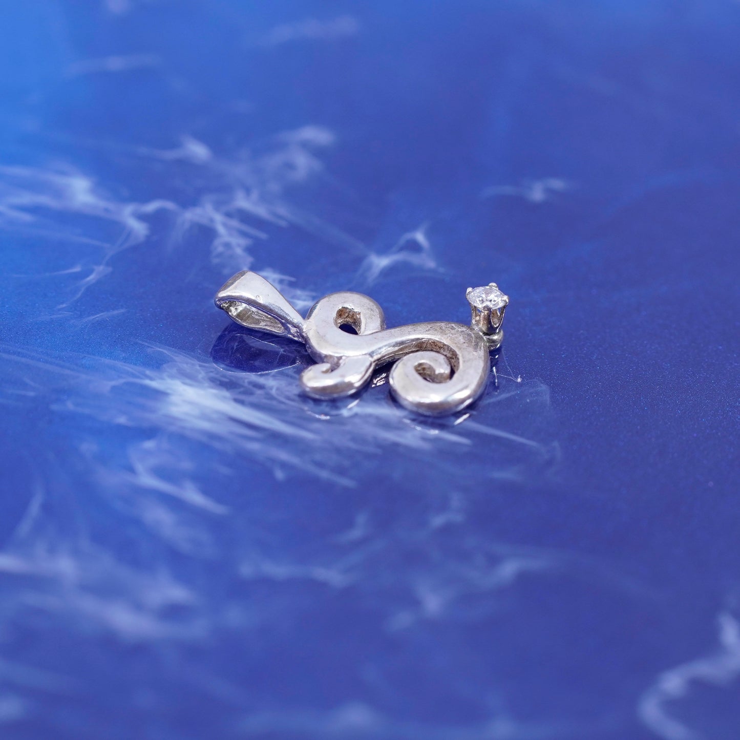 Vintage sterling silver handmade pendant, 925 initial charm letter “S” with Cz