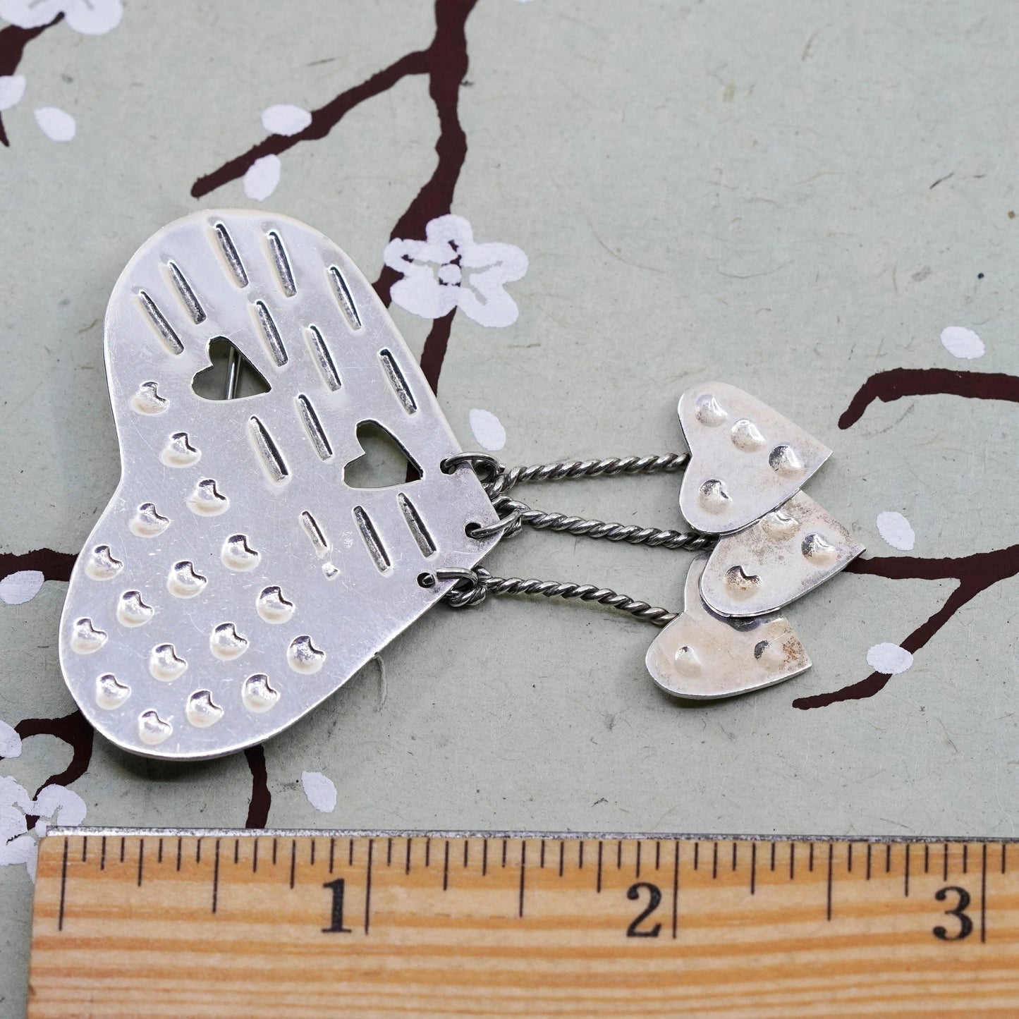 Vintage Mexico Sterling silver handmade brooch, 925 heart pin with dangles