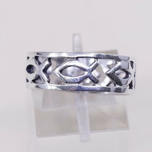 Size 9, Vtg Sterling Silver Handmade Ring 925 Band Fish Cut Out, Stamped 925