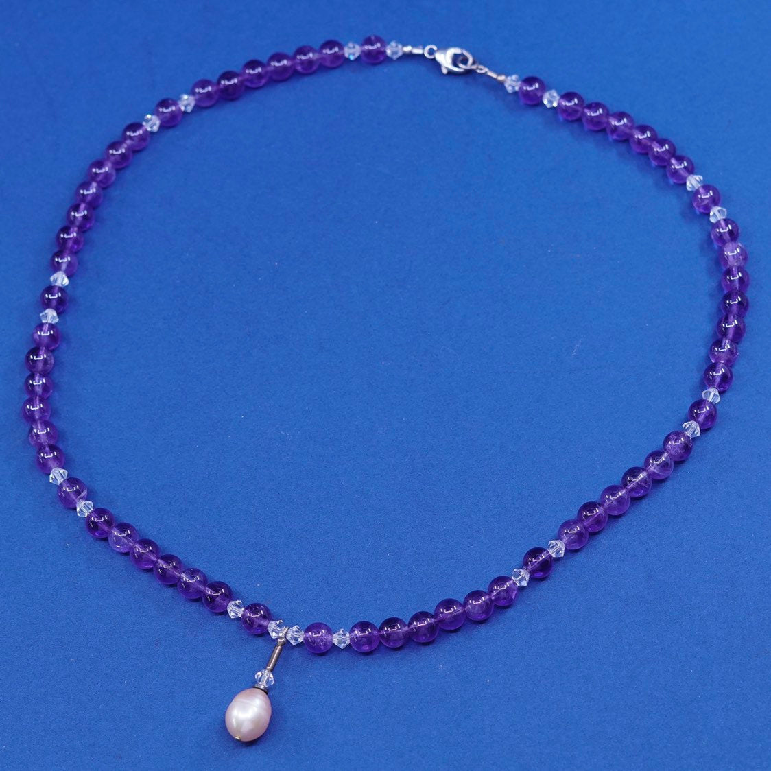 18”, Sterling silver necklace, 925 circle chain w/ amethyst beads pearl pendant