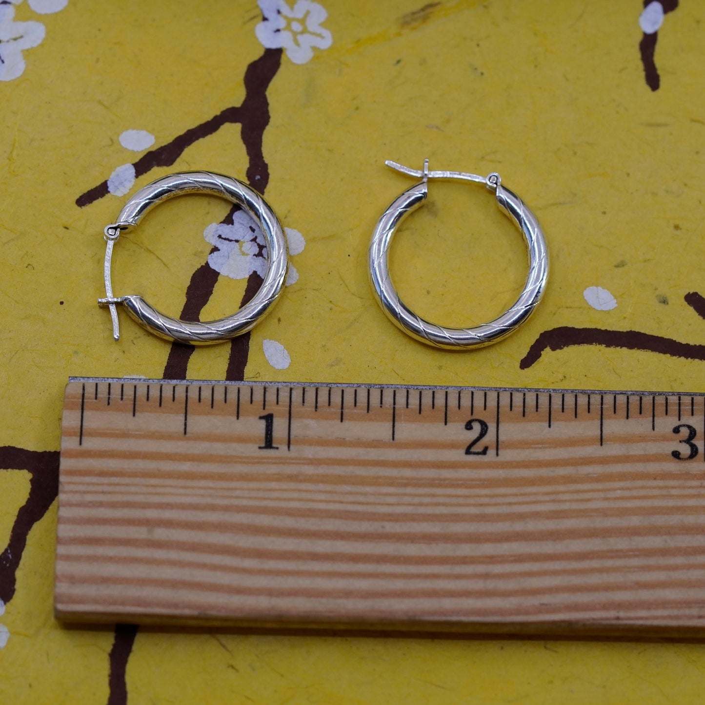 0.75”, Vintage Italy Sterling silver handmade earrings, 925 textured hoops