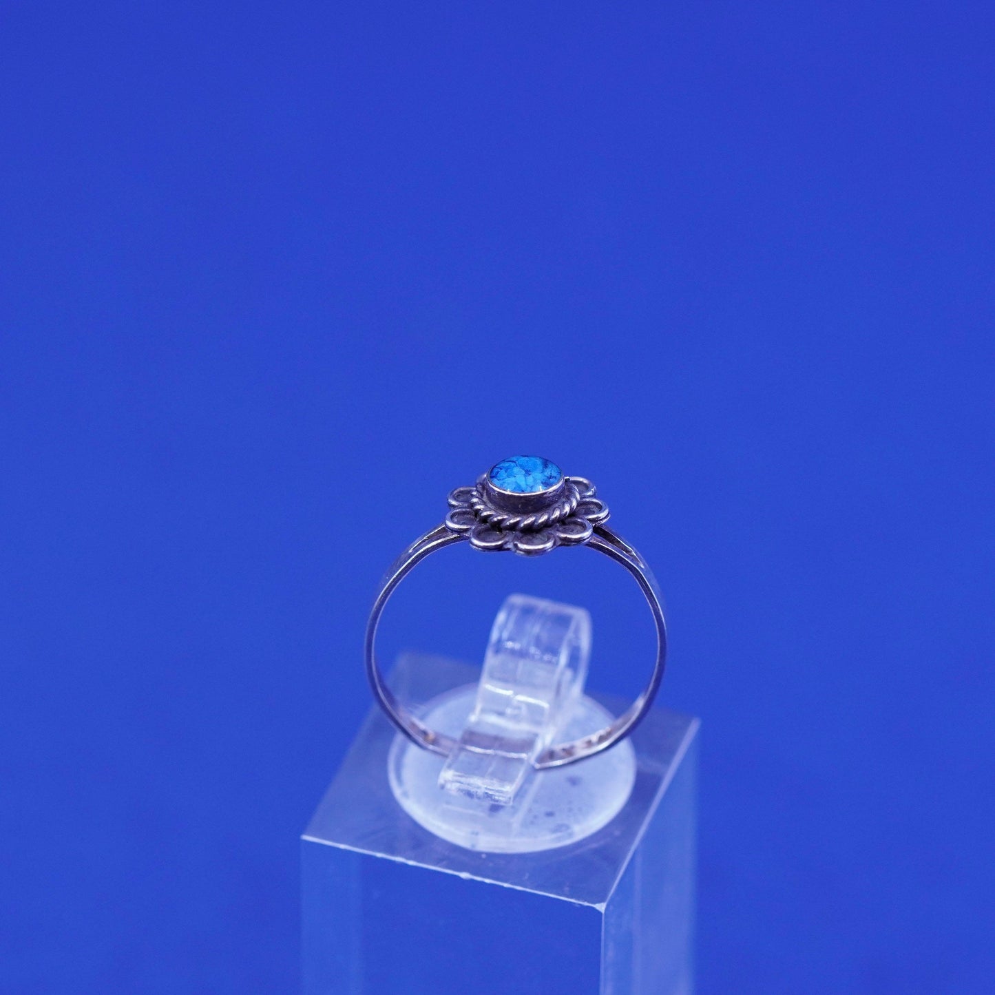 Size 7.25, Mexico sterling 925 silver handmade sub flower ring with opal