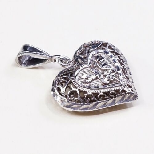 Vintage Sterling Silver Handmade Heart Pendant, 925 Silver Puffy Filigree Charm