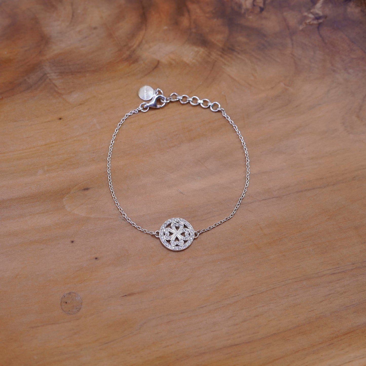 7”, Stella &Dot Sterling 925 silver circle chain bracelet lucky clover charm