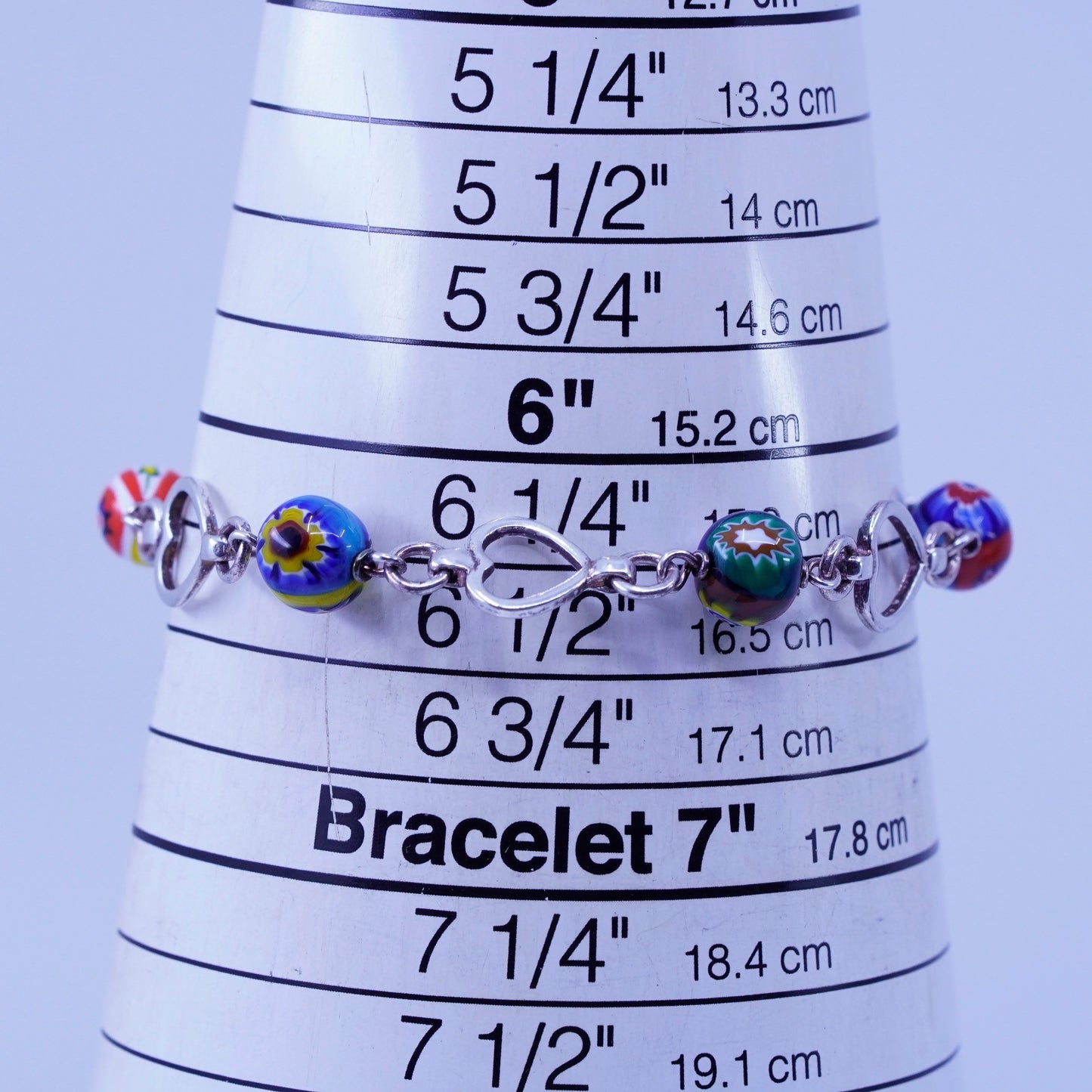 6.25”, jewelry | Sterling 925 silver bracelet, heart chain murano glass beads