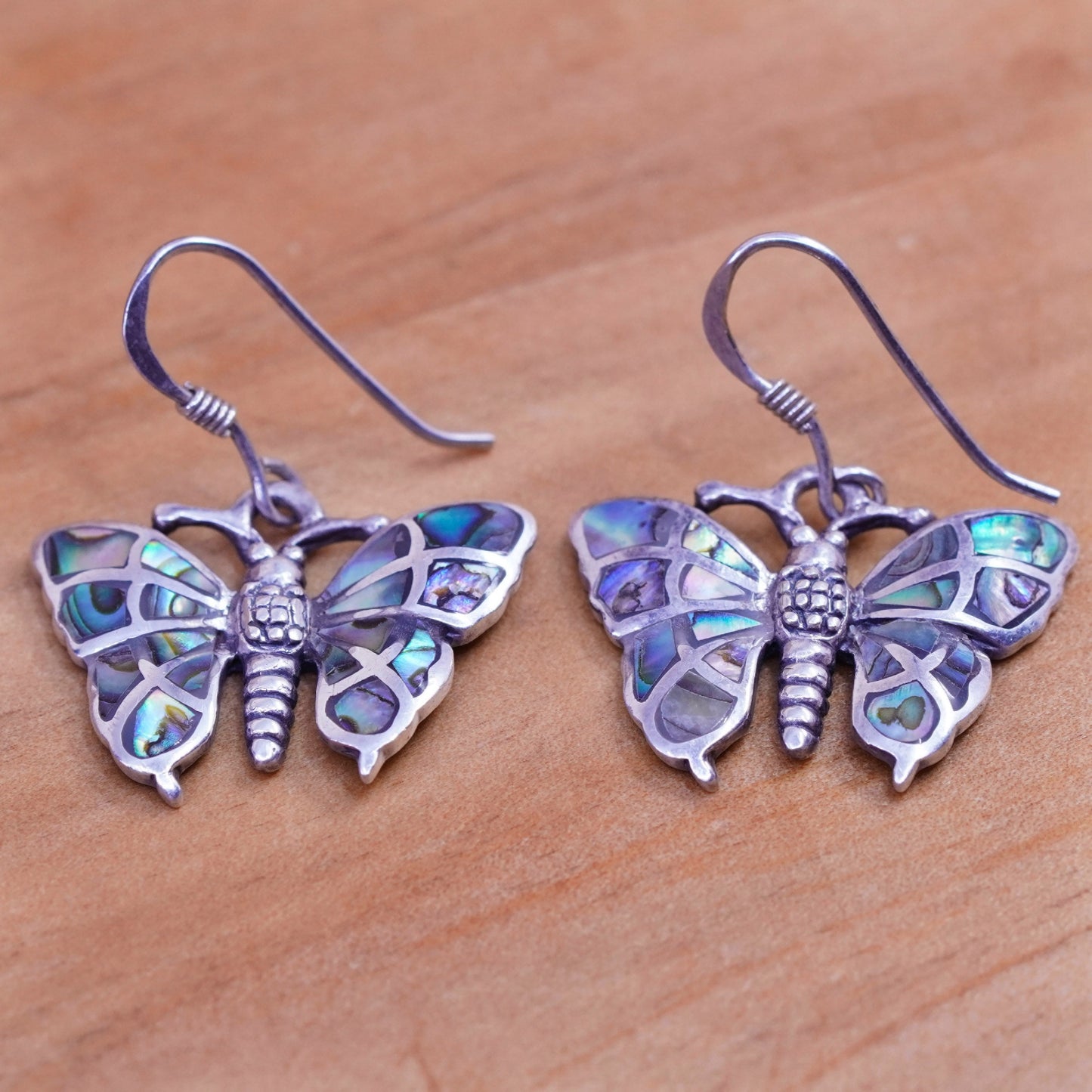 Vintage Sterling 925 silver handmade earrings with butterfly abalone