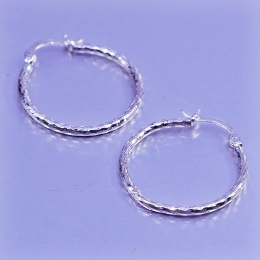1”, vintage Sterling silver handmade earrings, textured 925 hoops