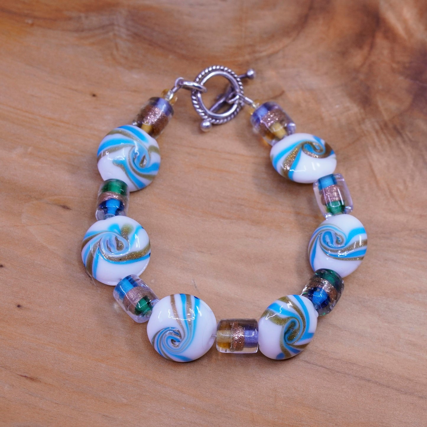 6.25”, Vintage handmade bracelet, blue artisan glass bead bracelet