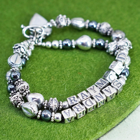 6.75”, Sterling 925 Silver hematite beads bracelet names “Raymond Sandra” cubes