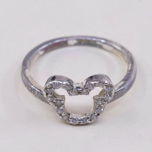 Sz 5, Vtg Sterling Silver Fashion Ring, 925 Silver Mickey Ring W/ Cz