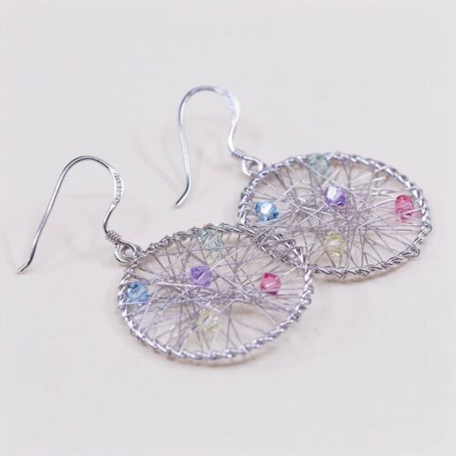 Vtg Handmade Wired 925 Sterling Silver Dangle Earrings W/ Crystal Details