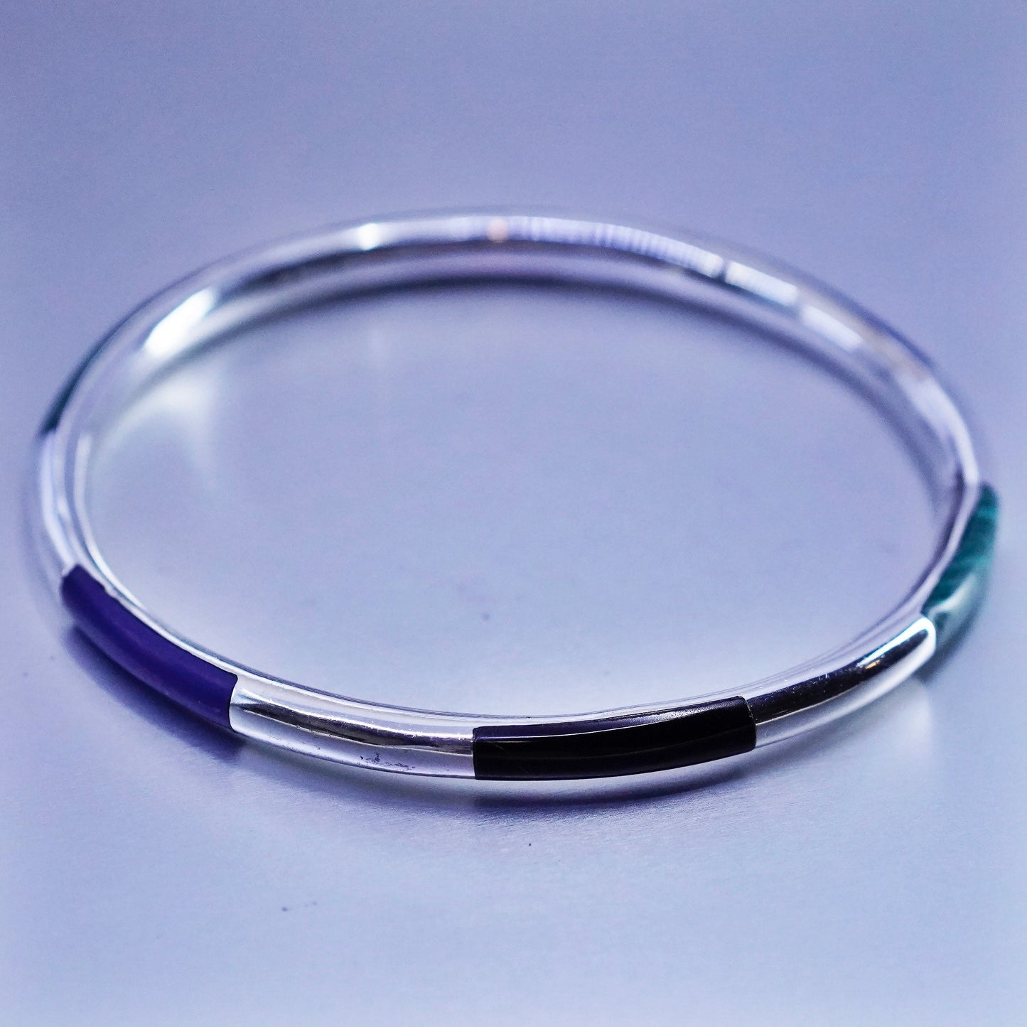 8”, Vintage Sterling 925 silver handmade bracelet, bangle with malachite onyx