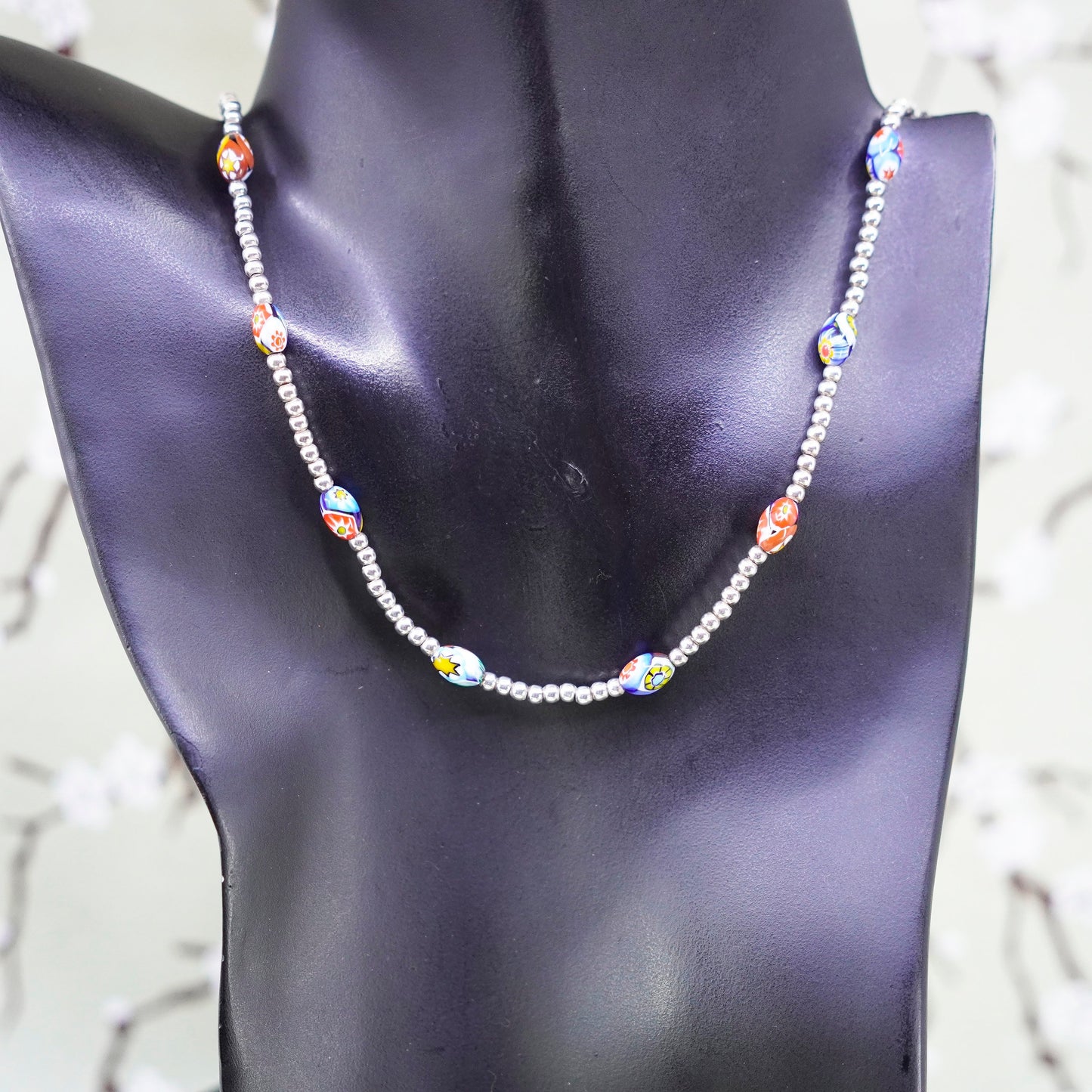 20”, Sterling silver handmade beaded chain necklace with Italian Murano glass