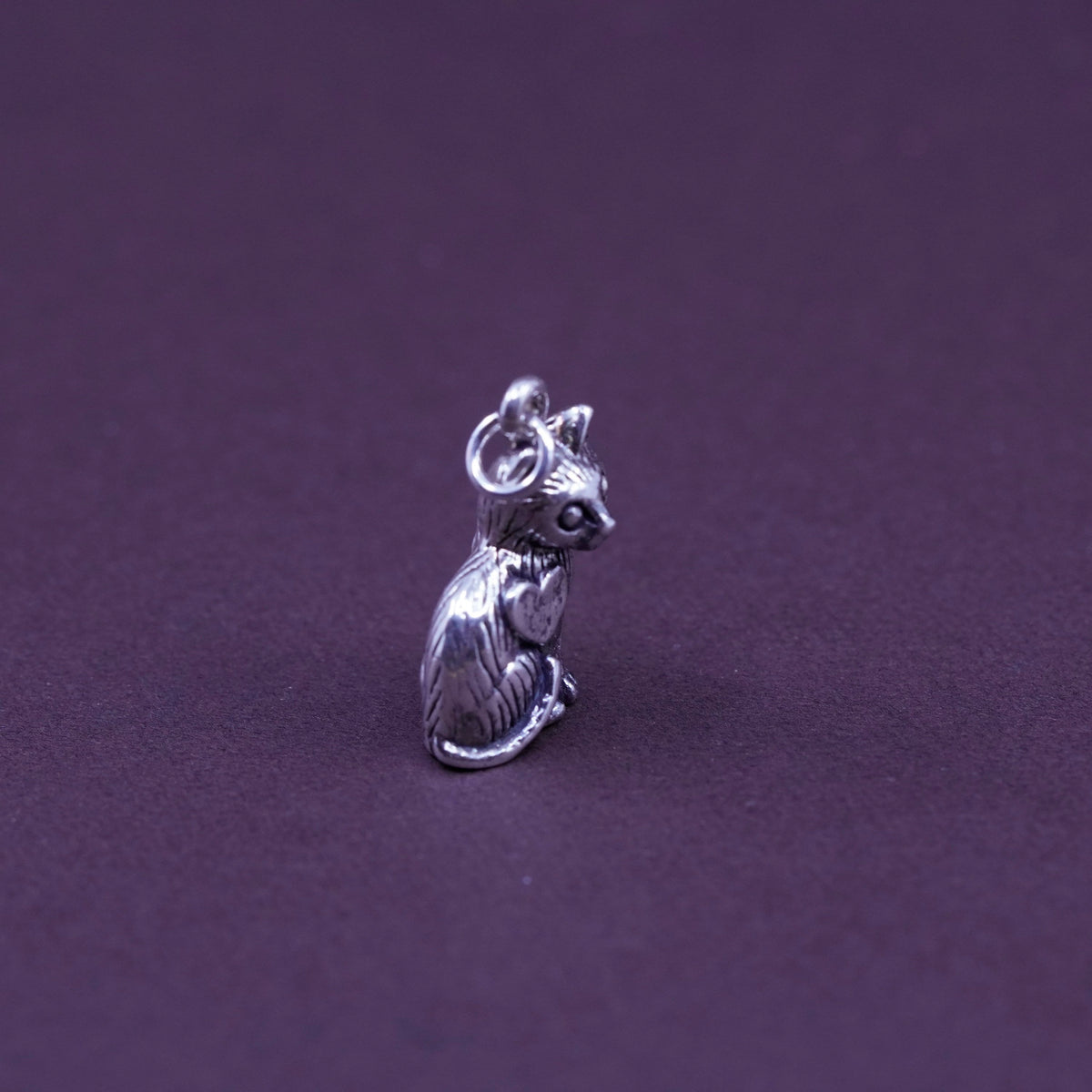 Vintage Sterling silver handmade pendant, 925 cat kitty charm with heart