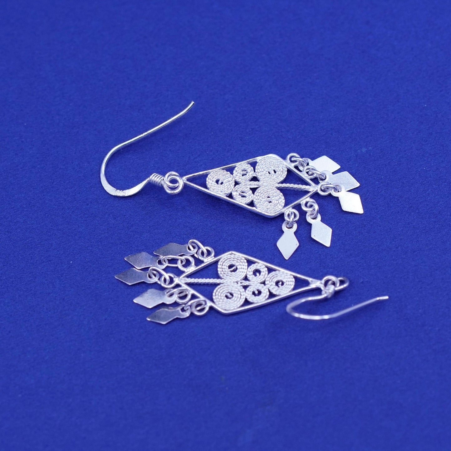 Vintage sterling silver handmade earrings, 925 filigree drop with fringe