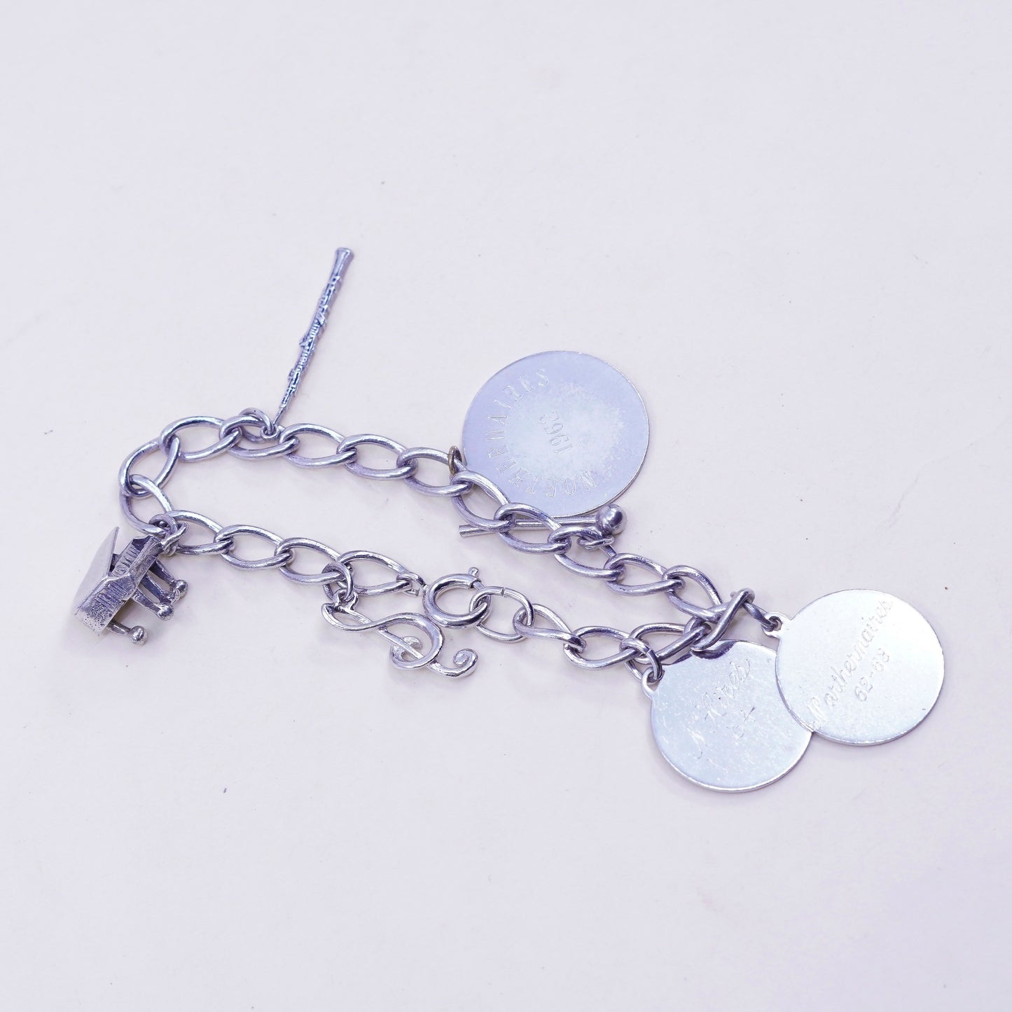 6.75”, sterling silver bracelet, 925 circle chain tag piano music charms