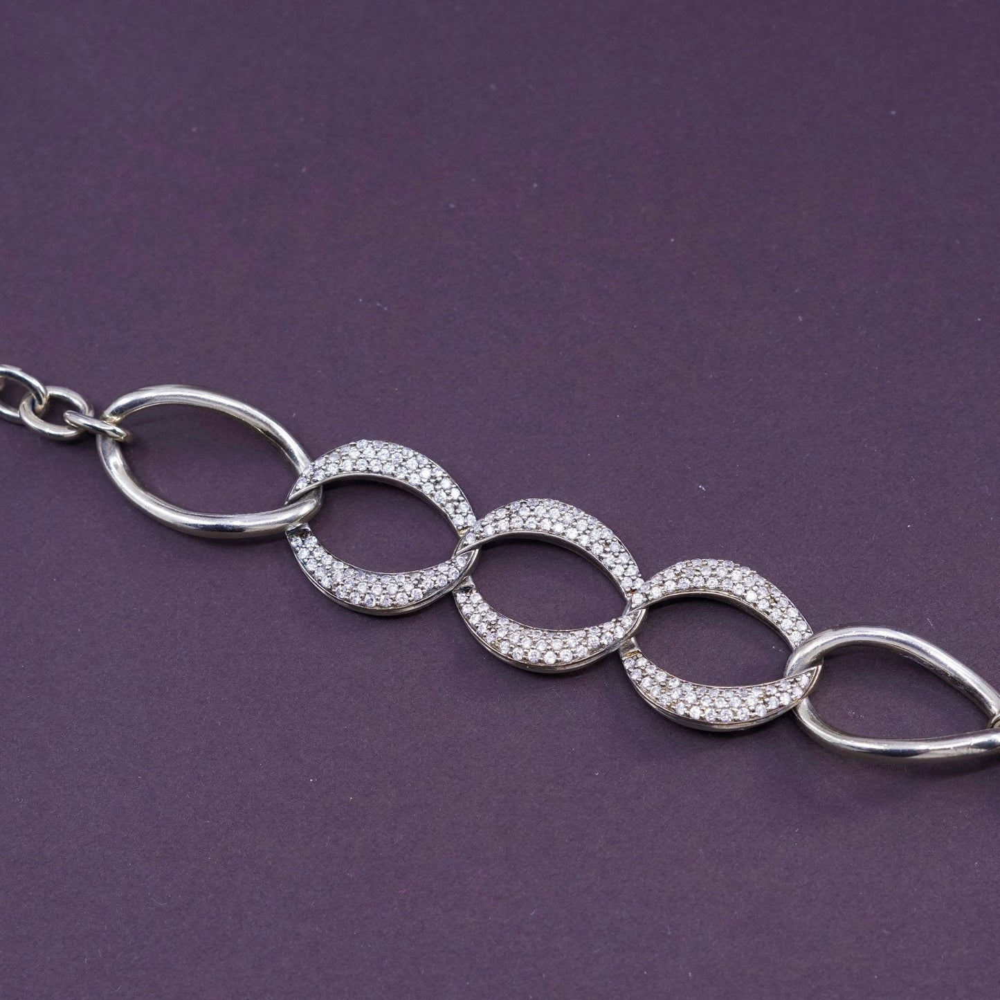 7.25”, vtg Vermeil gold over sterling silver bracelet, 925 oval with cluster Cz