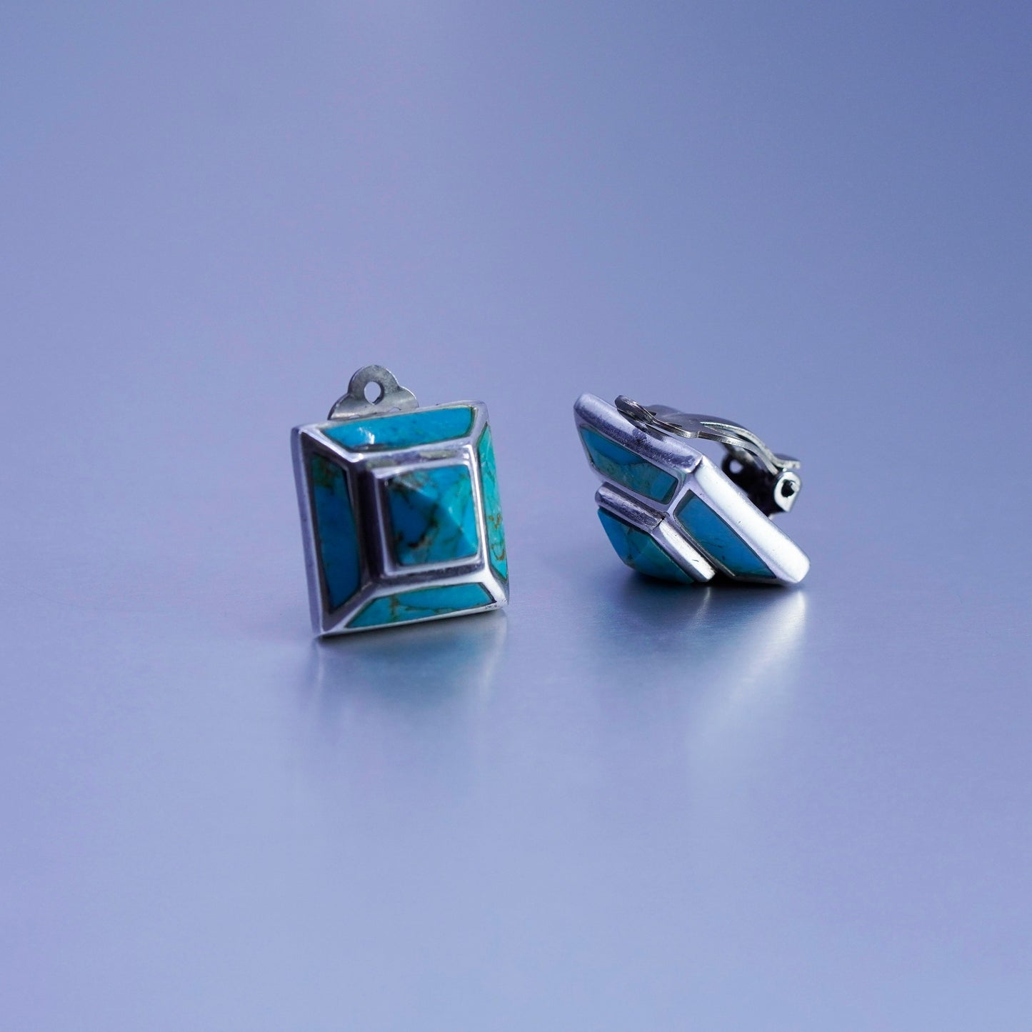 Native American Sterling 925 silver handmade earrings, square clip on turquoise