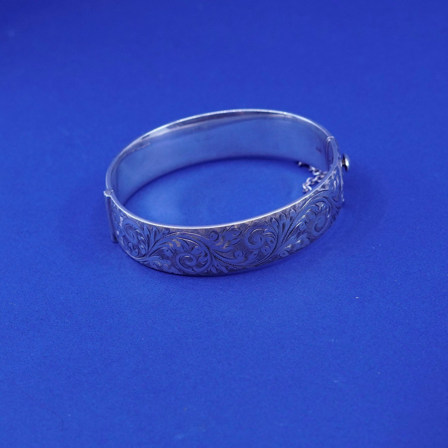 7”, RARE sterling silver handmade bracelet, 925 hinged floral textured bangle