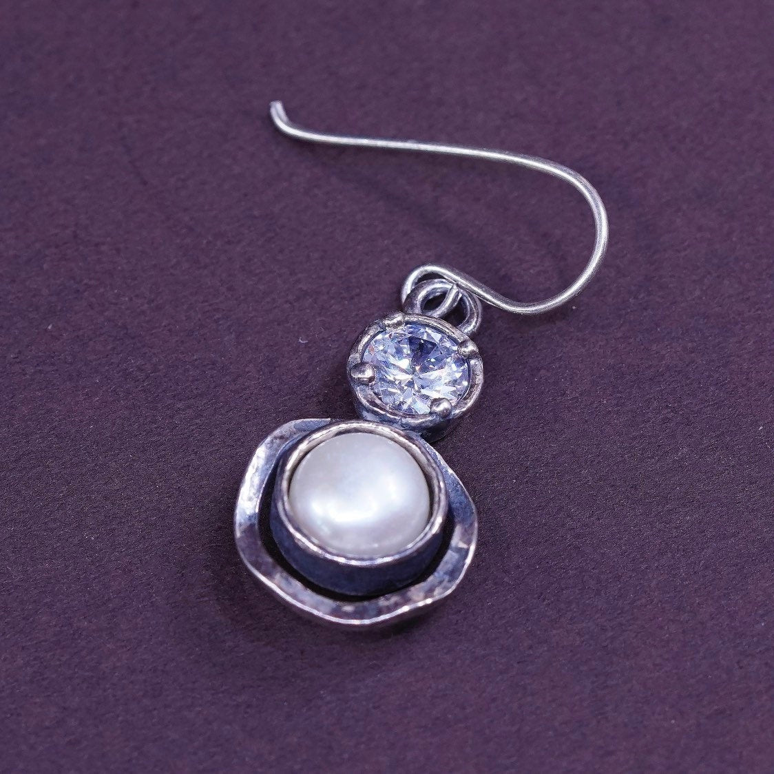 vtg Israel Sterling silver handmade earrings, 925 hoops w/ pearl and cz