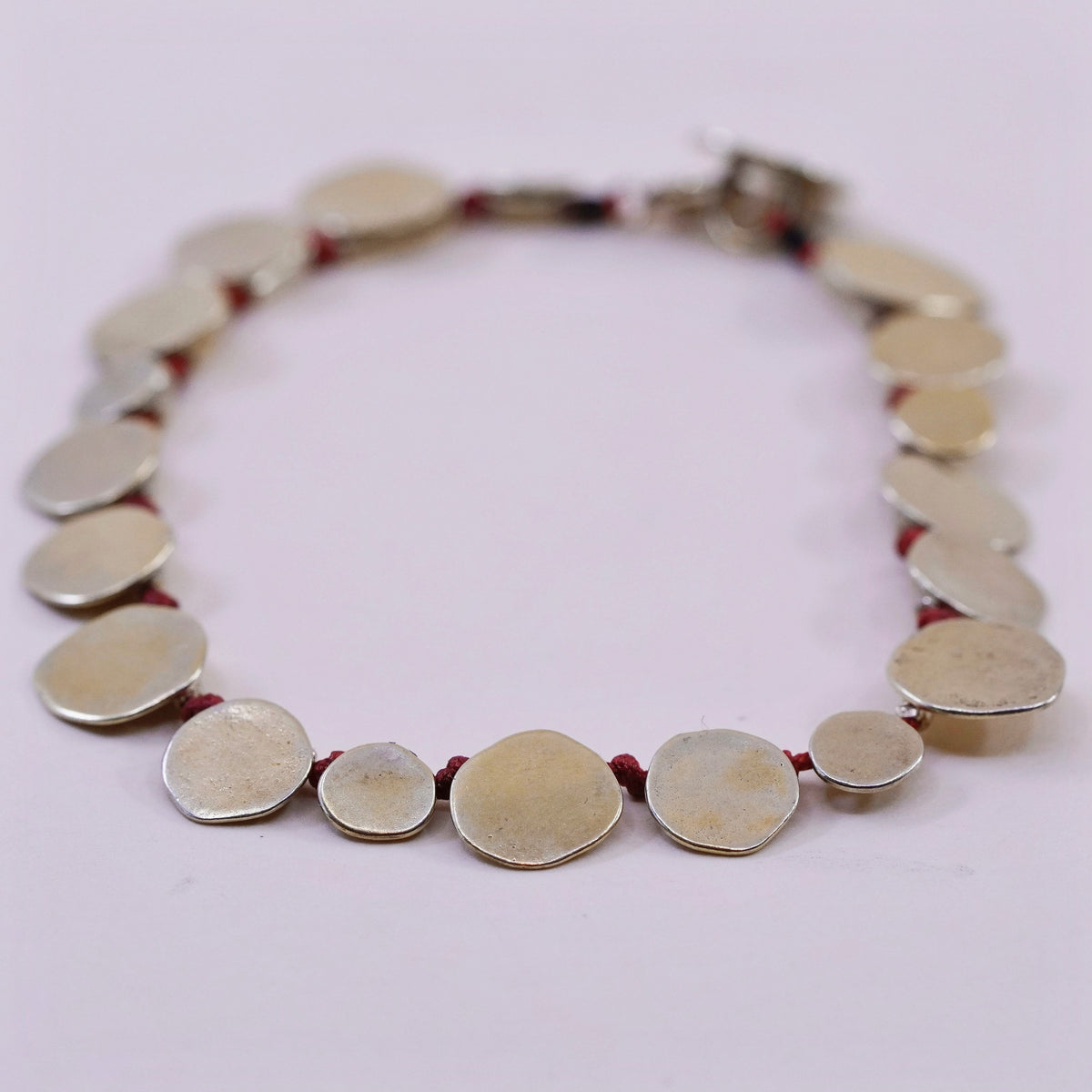 7.25”, vintage gold over Sterling 925 silver bracelet, red linen thread discs