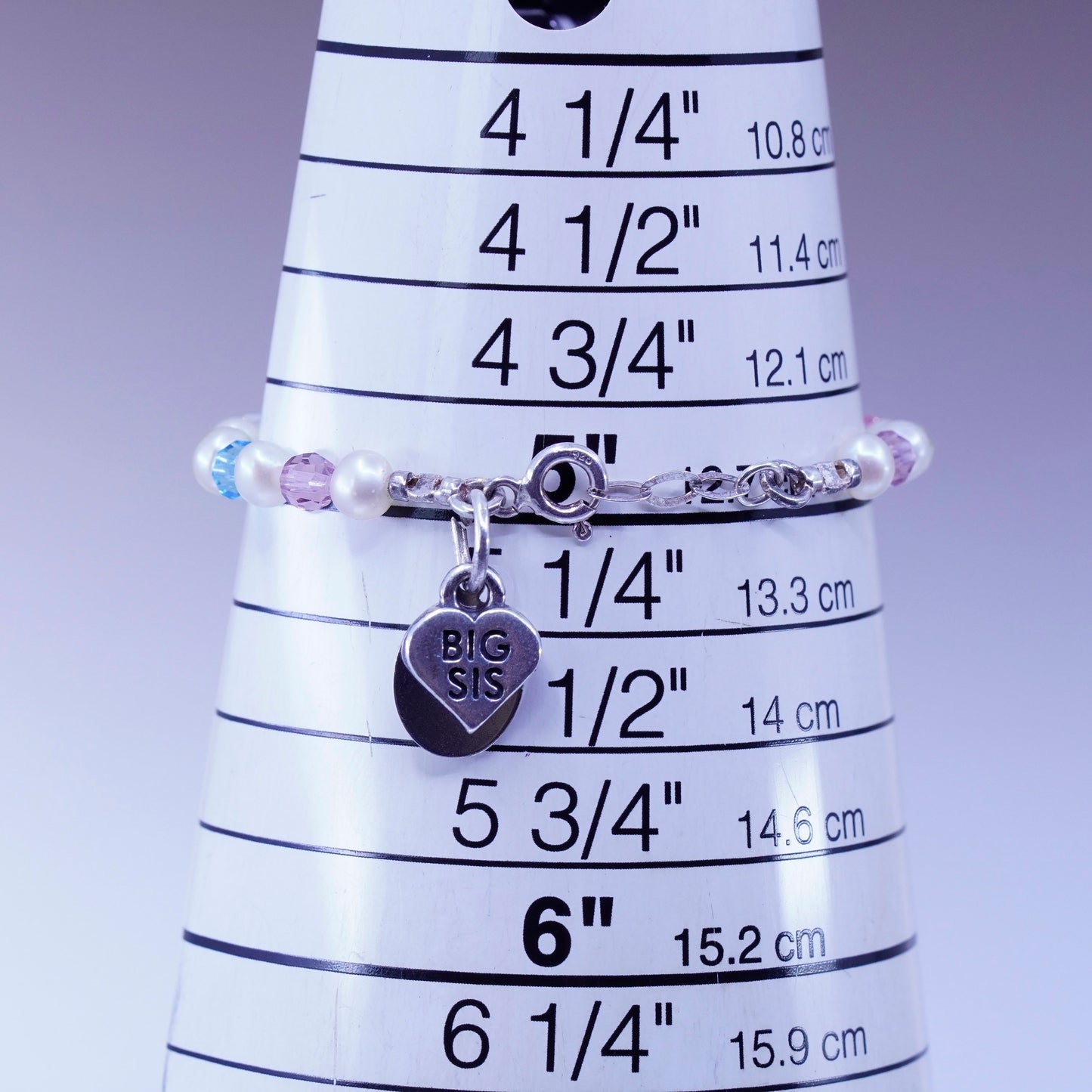 5”, Sterling 925 silver bracelet freshwater pearl crystal heart big sis charm