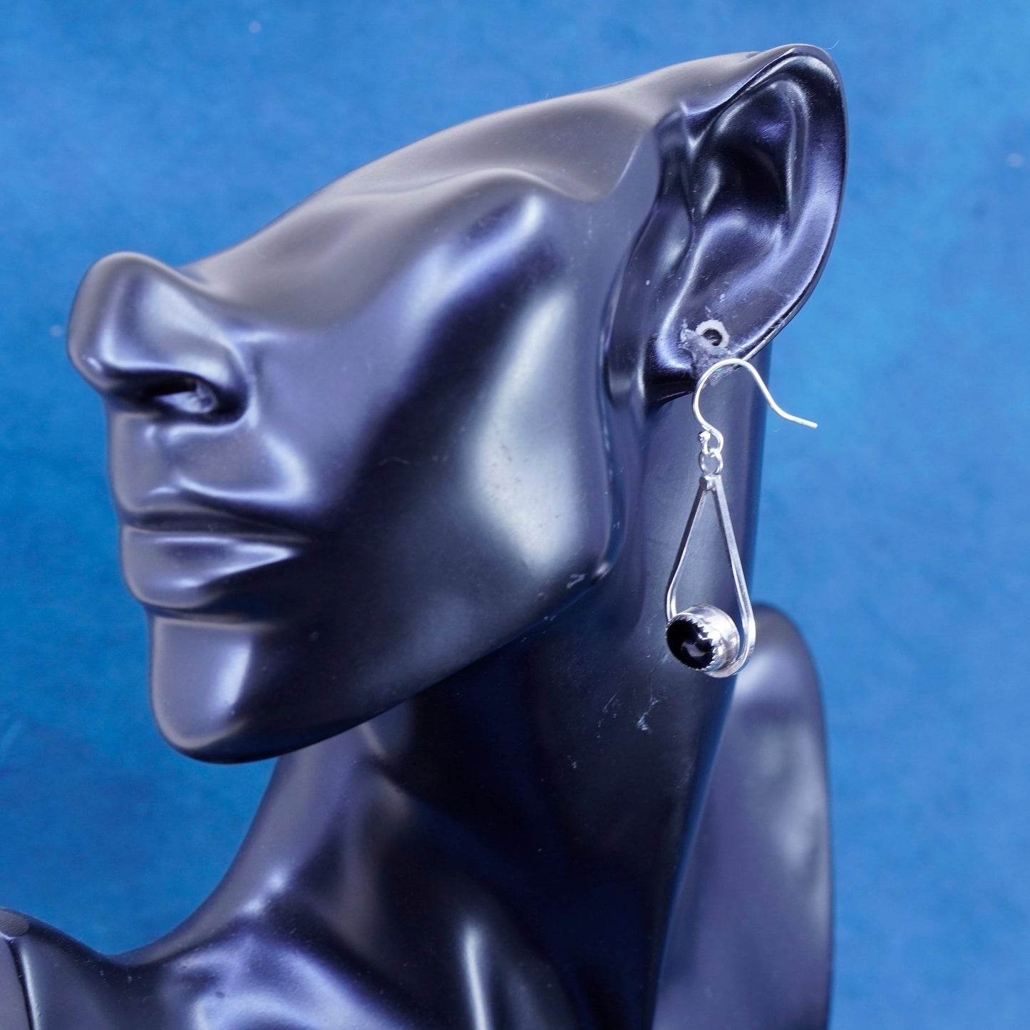 Native American AMB sterling 925 silver handmade teardrop earrings w/ obsidian