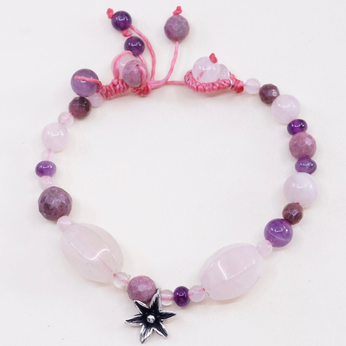 7.5”, Sterling silver handmade bracelet, 925 flower charm w/ rose quartz beads