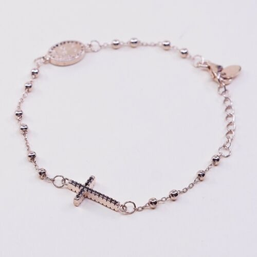 7.25”, Dyadema Vermeil Rose Gold Sterling Silver Bracelet, W/ Cross N Sapphire