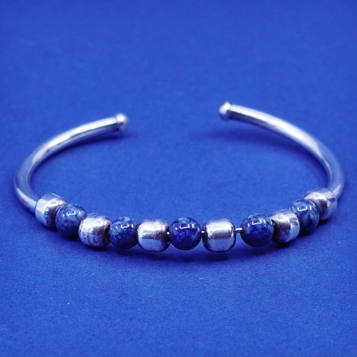 6.5”, stackable sterling silver bracelet, modern 925 cuff w/ sodalite beads