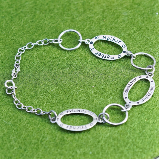 7.5”, sterling 925 silver circle quote bracelet circle disc “mother daughter”