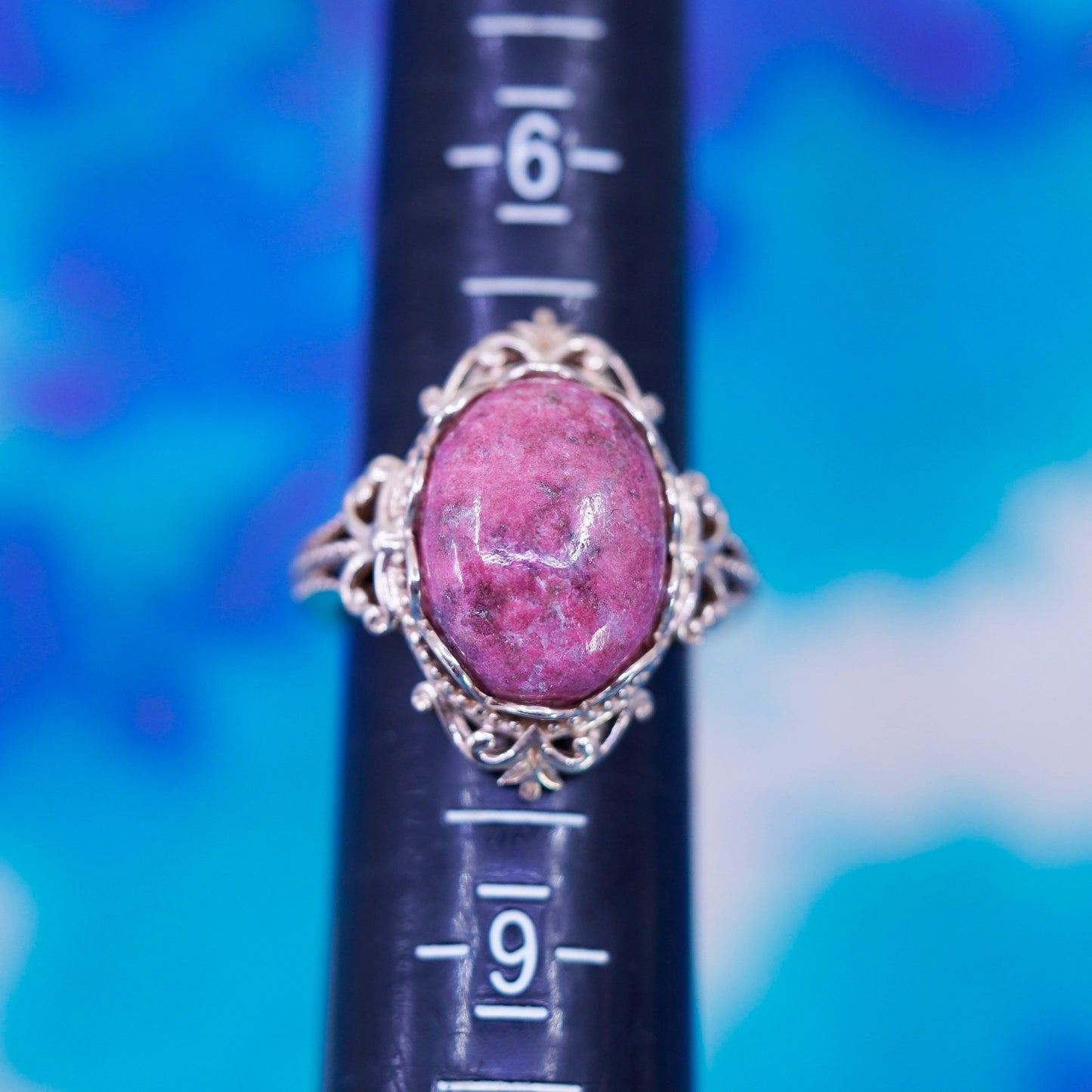 Size 7.25 vintage vermeil rose gold sterling silver filigree ring pink jasper