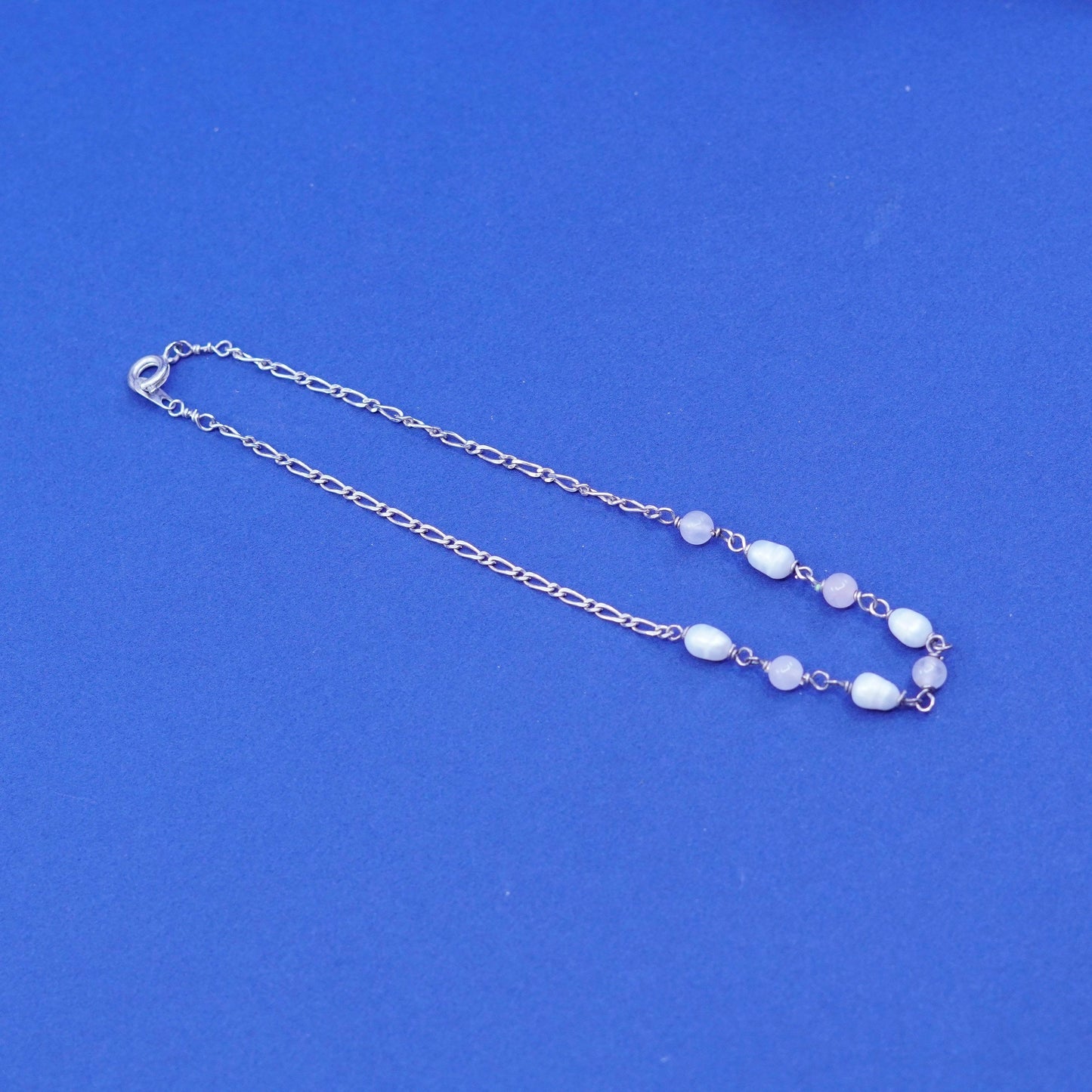 9”, Sterling silver handmade bracelet, 925 circle chain rose quart, pearl beads