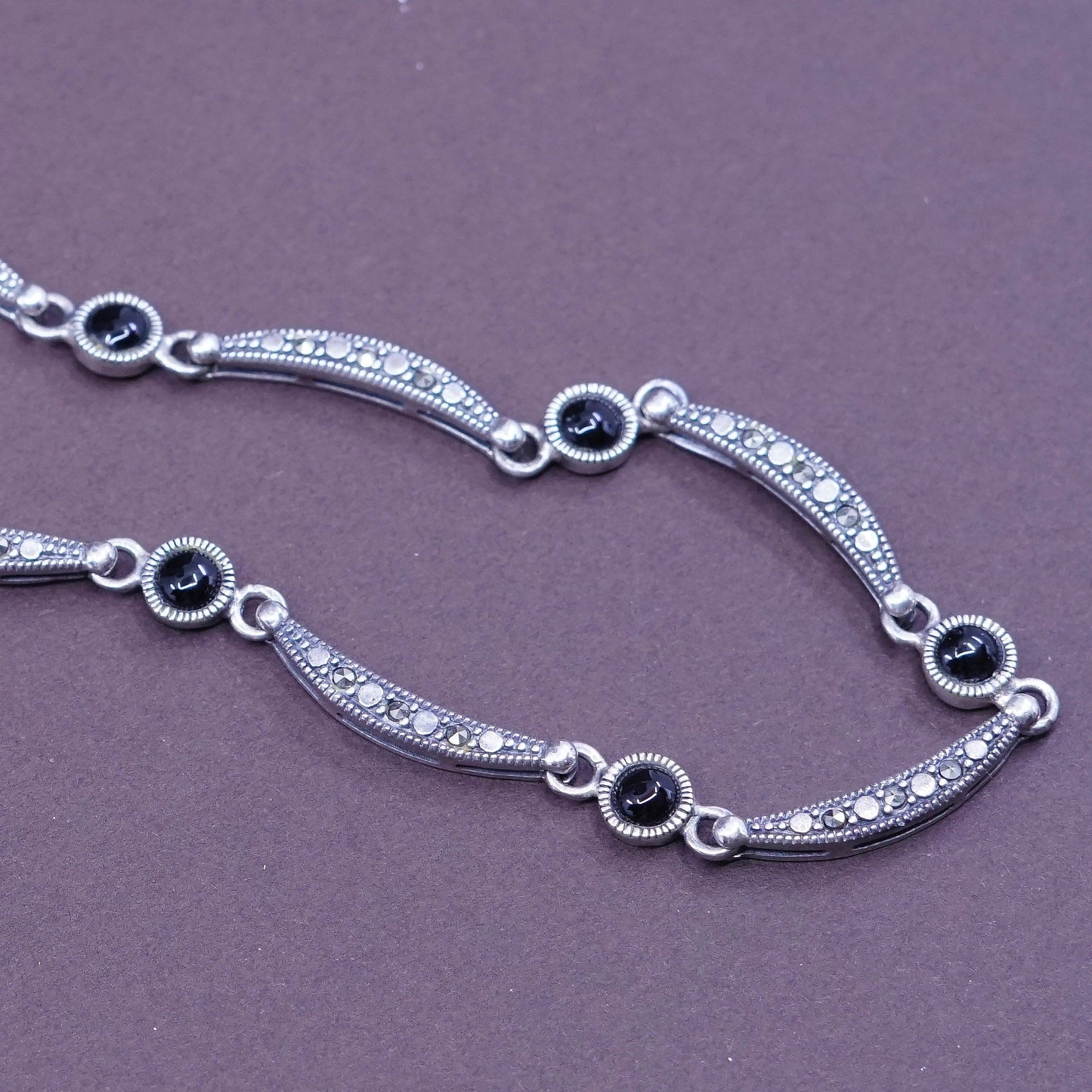 16”, vtg sterling silver necklace, 925 DNA chain w/ marcasite N obsidian