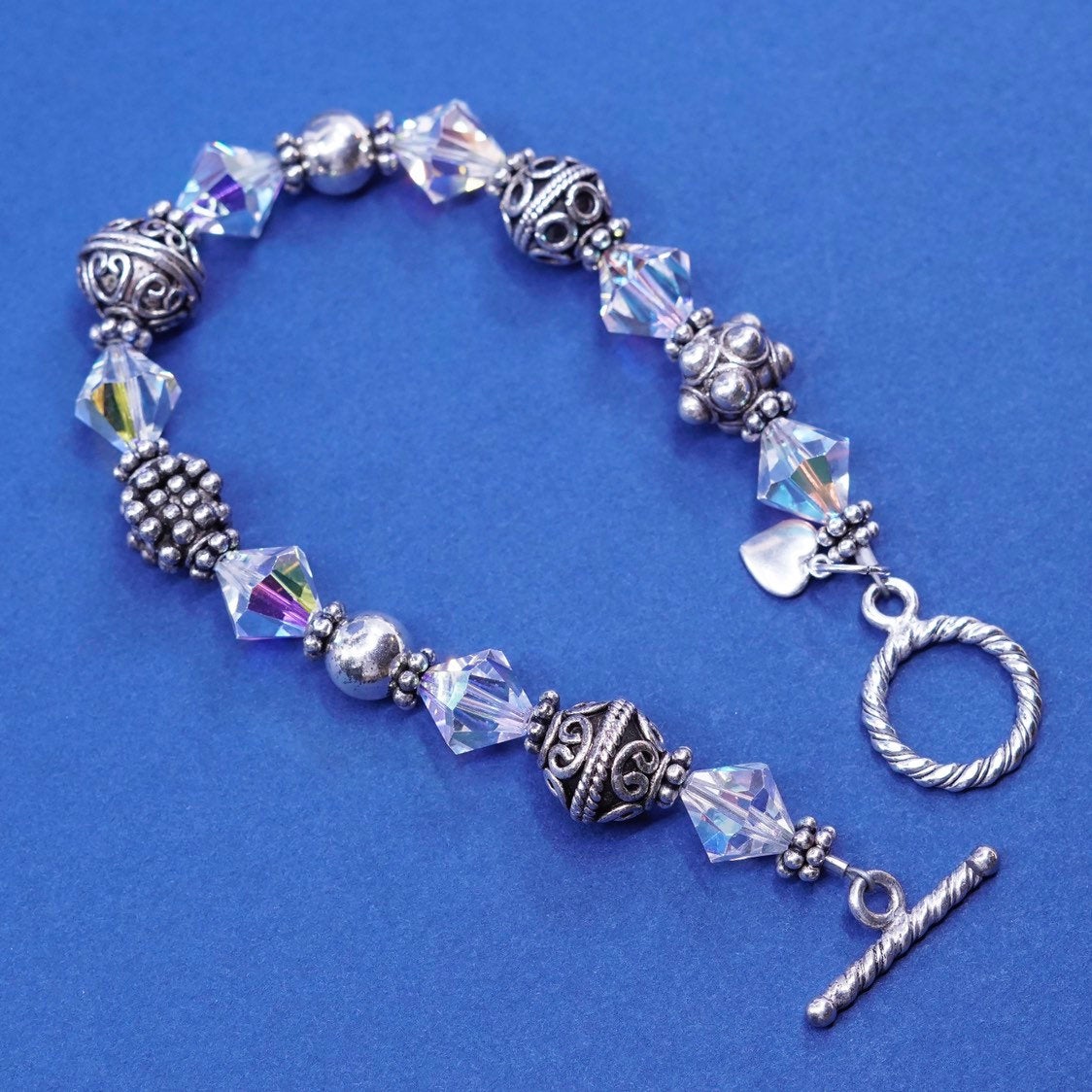 7.25”, sterling silver handmade bracelet, 925 w/ crystal beads N toggle closure