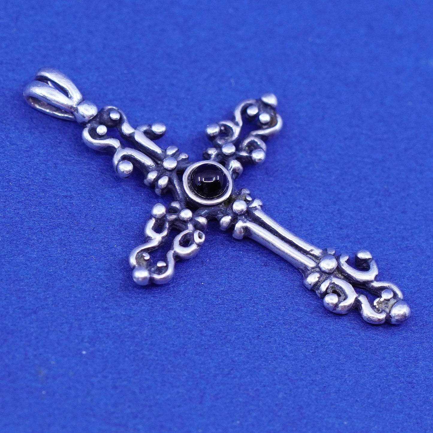 Vintage Sterling silver handmade pendant, 925 bali cross with obsidian