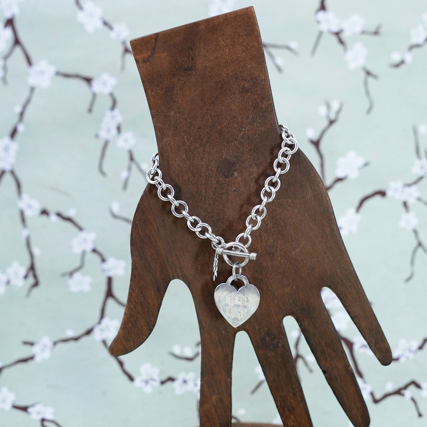 6.75”, sterling silver circle bracelet, 925 chain heart charm monogram “AEH”