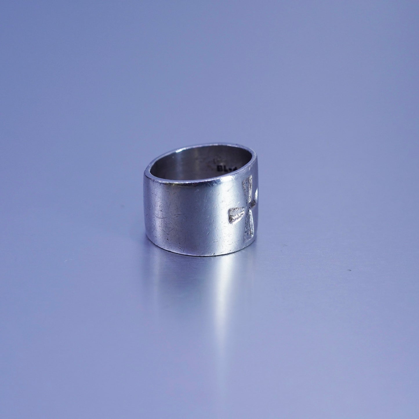 Size 6.75, vintage statement Sterling 925 silver handmade ring, band with cross