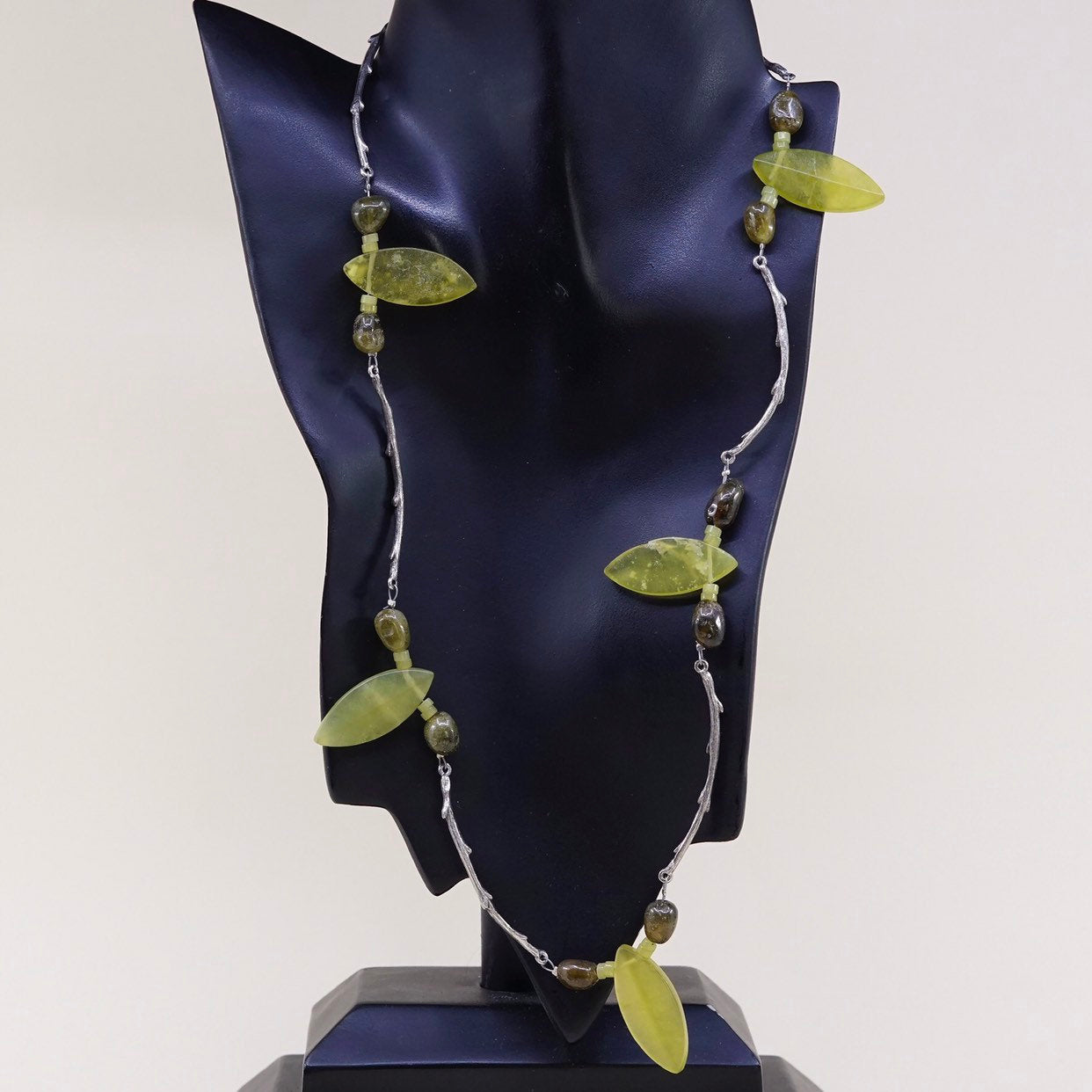 24”, Sterling silver necklace, solid 925 silver flatten bar chain w/ jade